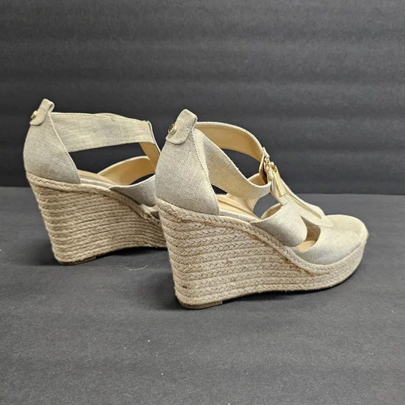 Michael Kors Berkley Beige Wedge Sandals w/ Gold Zipper - Picture 2 of 5